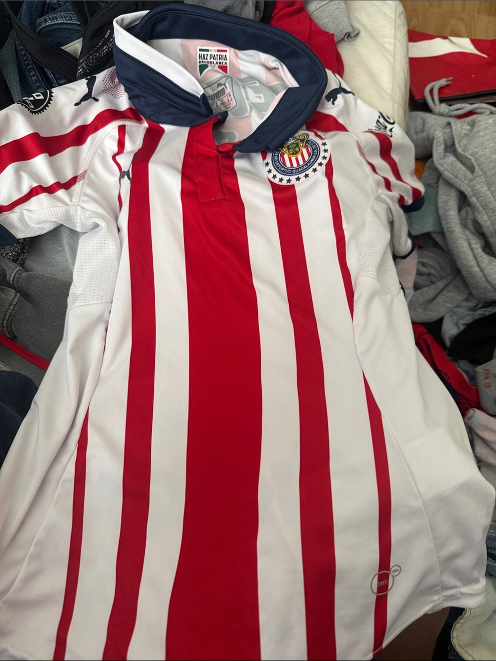 Civas Red and White Striped Kids Soccer Jersey with Navy Collar